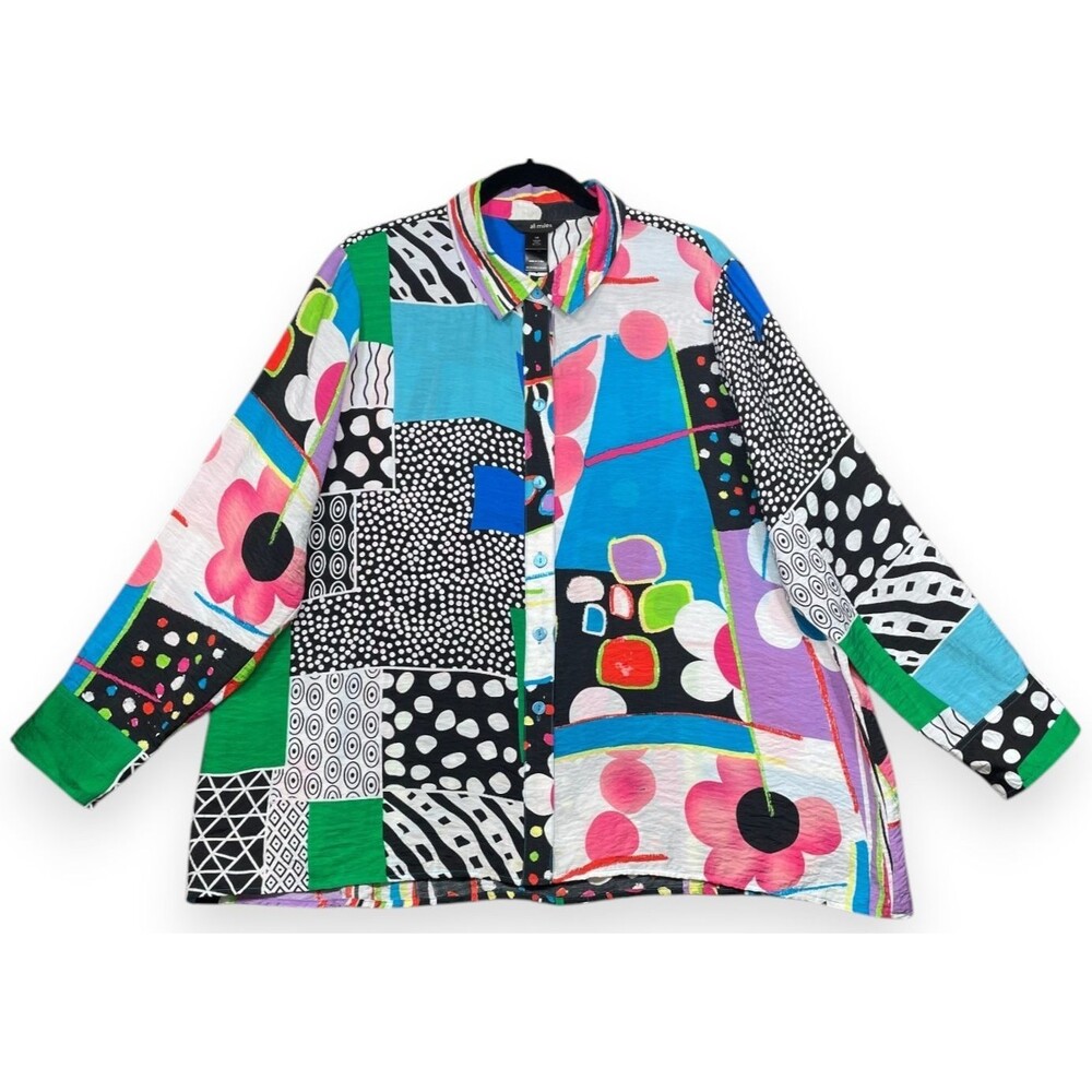 Ali Miles Shirt Tunic Top Blouse Womens 1X Multicolor Abstract Art Artsy Button